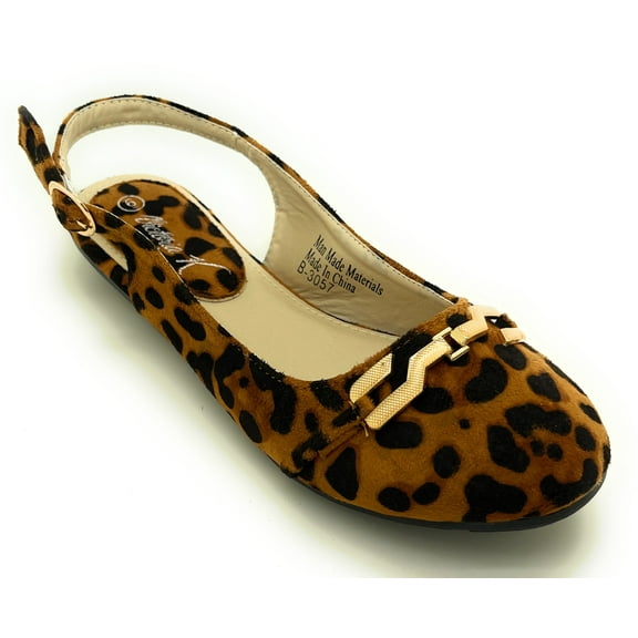 Women’s Leopard Print Slingback Flats – Open Back Pointed Toe Slip-On Shoes with Gold Chain Accent – Stylish Comfortable Casual Dress Flats for Work, Travel, or Everyday Wear