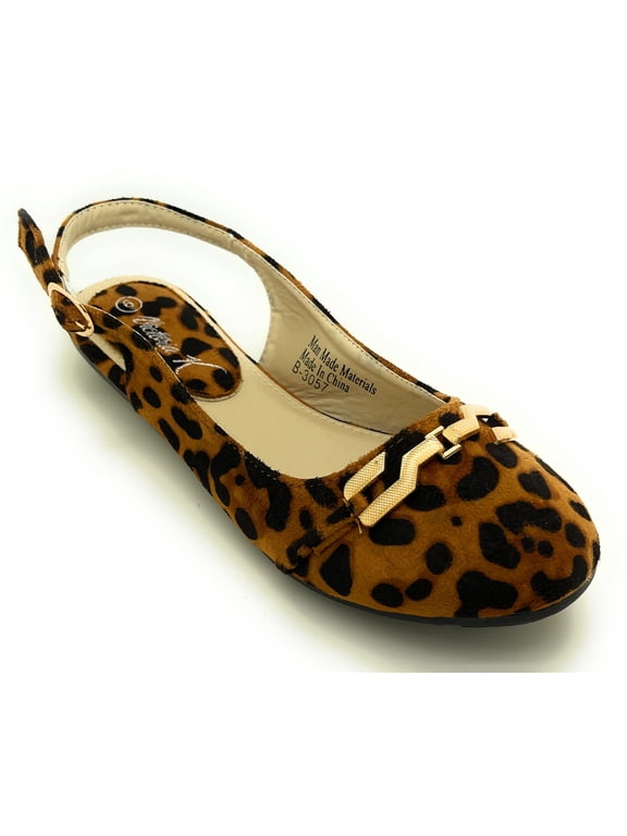 Women’s Leopard Print Slingback Flats – Open Back Pointed Toe Slip-On Shoes with Gold Chain Accent – Stylish Comfortable Casual Dress Flats for Work, Travel, or Everyday Wear