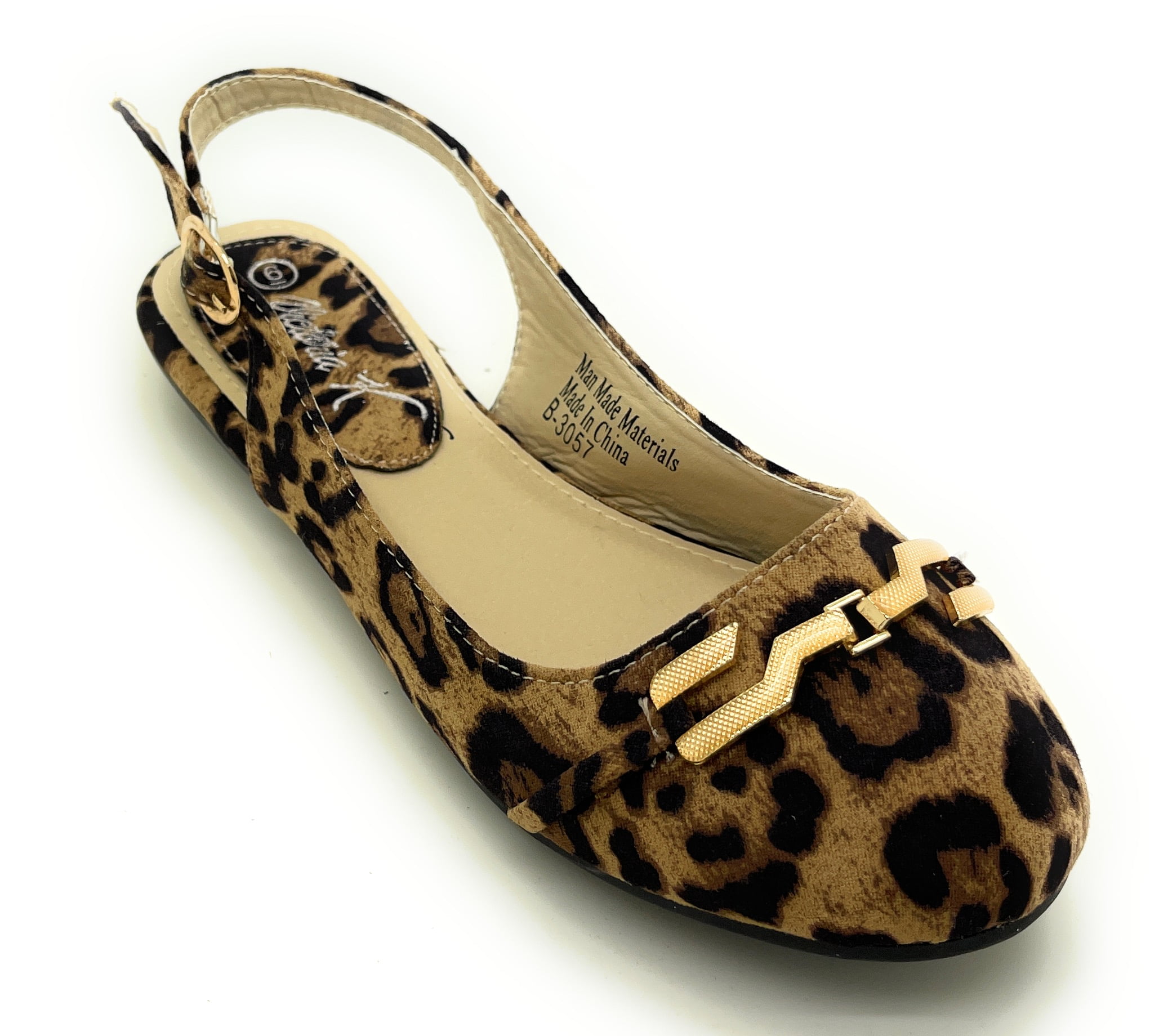 Women’s Leopard Print Slingback Flats – Open Back Pointed Toe Slip-On Shoes with Gold Chain Accent – Stylish Comfortable Casual Dress Flats for Work, Travel, or Everyday Wear