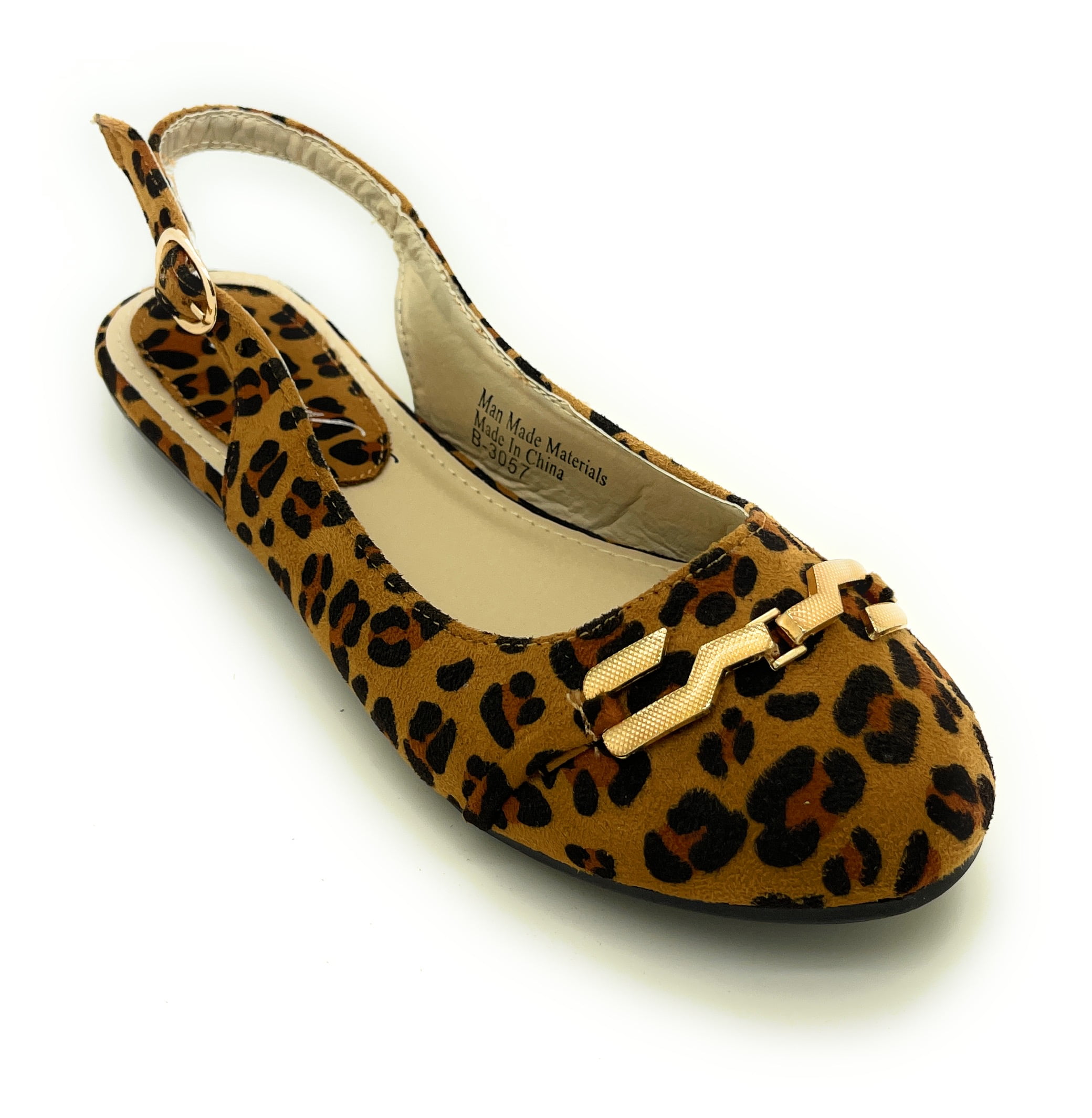 Women’s Leopard Print Slingback Flats – Open Back Pointed Toe Slip-On Shoes with Gold Chain Accent – Stylish Comfortable Casual Dress Flats for Work, Travel, or Everyday Wear