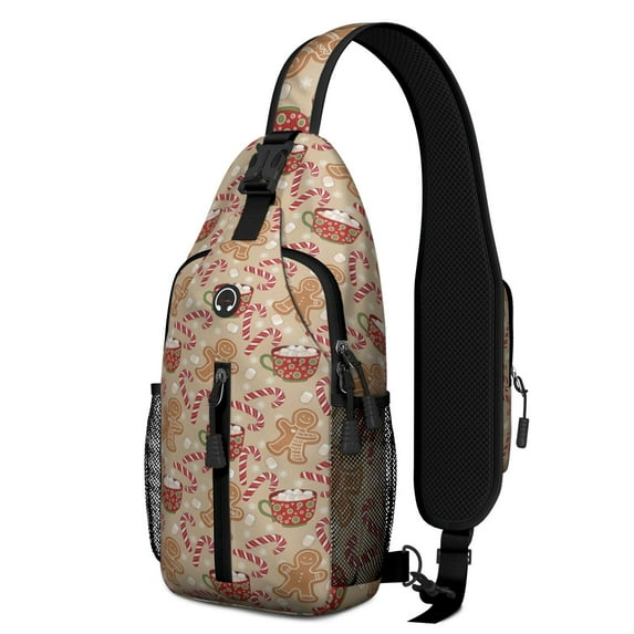 Sling Backpack,Beige Christmas Gingerbread Man Pattern Crossbody Bag with Water Bottle Holder,Waterproof Sling Bag for Men/Women with Chest Phone Holder for Hiking,Travel