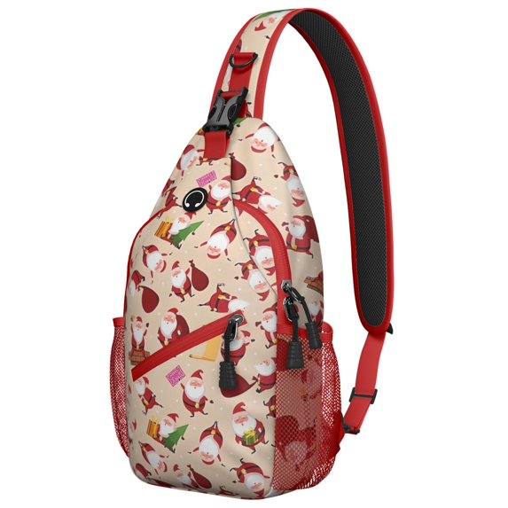 Sling Backpack,Beige Christmas Santa Pattern Sling Bag with Water Bottle Holder,Waterproof Sling Bag for Men/Women with Headphone Jack for Hiking,Travel