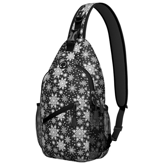 Sling Backpack,Black Christmas Snowflake Pattern Sling Bag with Water Bottle Holder,Waterproof Sling Bag for Men/Women with Headphone Jack for Hiking,Travel