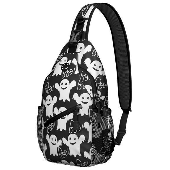 Sling Backpack,Black Halloween Ghosts with Boo Sling Bag with Water Bottle Holder,Waterproof Sling Bag for Men/Women with Headphone Jack for Hiking,Travel