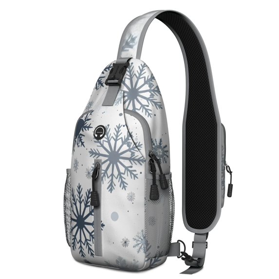 Sling Backpack,Blue Christmas Snowflake Pattern Crossbody Bag with Water Bottle Holder,Waterproof Sling Bag for Men/Women with Chest Phone Holder for Hiking,Travel