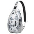 thumbnail image 1 of Sling Backpack,Blue Christmas Snowflake Pattern Sling Bag with Water Bottle Holder,Waterproof Sling Bag for Men/Women with Headphone Jack for Hiking,Travel, 1 of 6