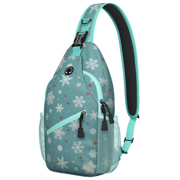 Sling Backpack,Blue Christmas Snowflake and Star Pattern Sling Bag with Water Bottle Holder,Waterproof Sling Bag for Men/Women with Headphone Jack for Hiking,Travel