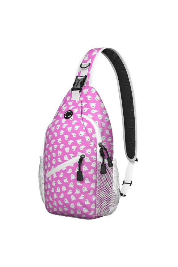 Sling Backpack,Cute Halloween Ghosts Pattern Sling Bag with Water Bottle Holder,Waterproof Sling Bag for Men/Women with Headphone Jack for Hiking,Travel