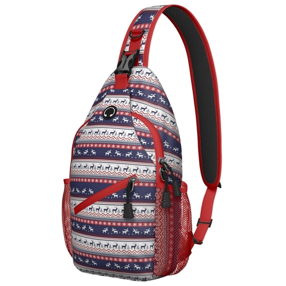 Sling Backpack,Dark Blue Christmas Reindeer and Donkey Pattern Sling Bag with Water Bottle Holder,Waterproof Sling Bag for Men/Women with Headphone Jack for Hiking,Travel