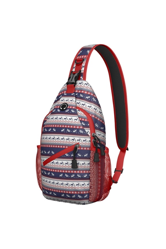 Sling Backpack,Dark Blue Christmas Reindeer and Donkey Pattern Sling Bag with Water Bottle Holder,Waterproof Sling Bag for Men/Women with Headphone Jack for Hiking,Travel