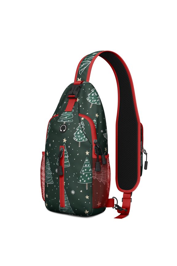 Sling Backpack,Dark Green Christmas Tree Pattern Crossbody Bag with Water Bottle Holder,Waterproof Sling Bag for Men/Women with Chest Phone Holder for Hiking,Travel