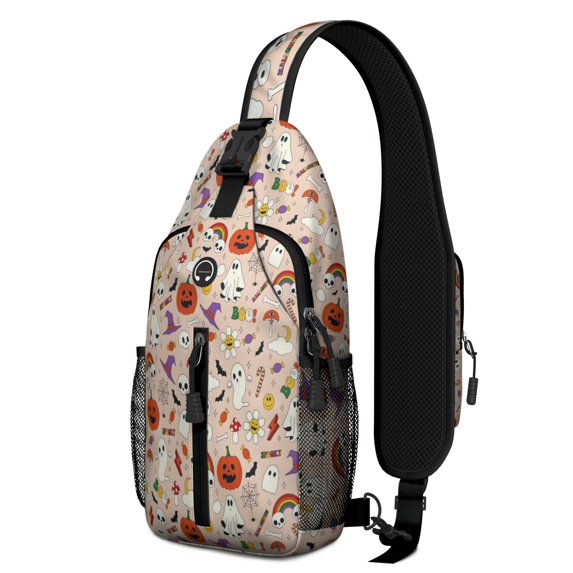 Sling Backpack,Fun Halloween Pattern Crossbody Bag with Water Bottle Holder,Waterproof Sling Bag for Men/Women with Chest Phone Holder for Hiking,Travel