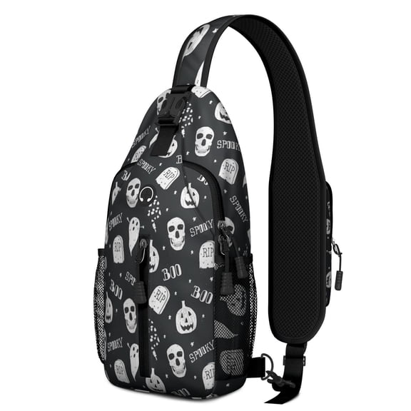Sling Backpack,Ghost Boo Halloween Pattern Crossbody Bag with Water Bottle Holder,Waterproof Sling Bag for Men/Women with Chest Phone Holder for Hiking,Travel