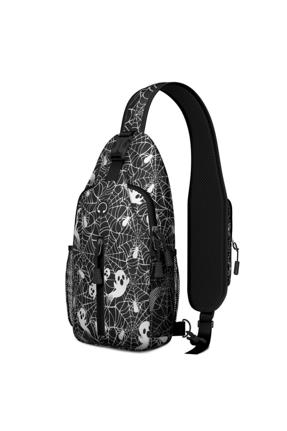 Sling Backpack,Ghost and Spider Web Halloween Pattern Crossbody Bag with Water Bottle Holder,Waterproof Sling Bag for Men/Women with Chest Phone Holder for Hiking,Travel