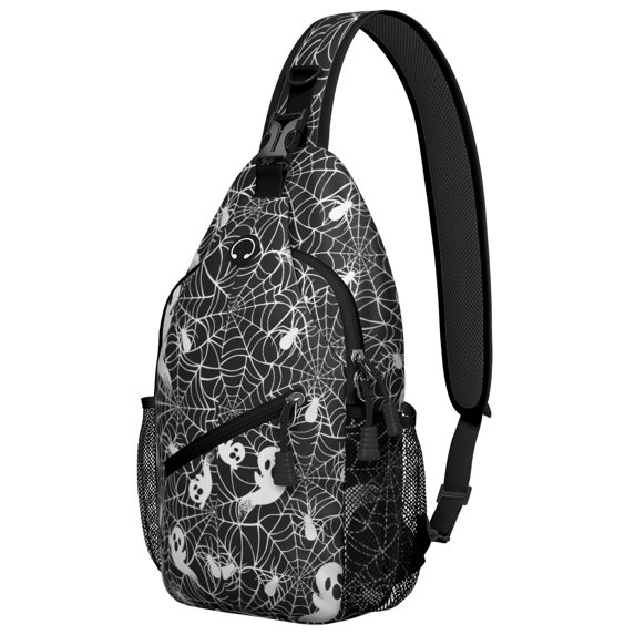 Sling Backpack,Ghost and Spider Web Halloween Pattern Sling Bag with Water Bottle Holder,Waterproof Sling Bag for Men/Women with Headphone Jack for Hiking,Travel