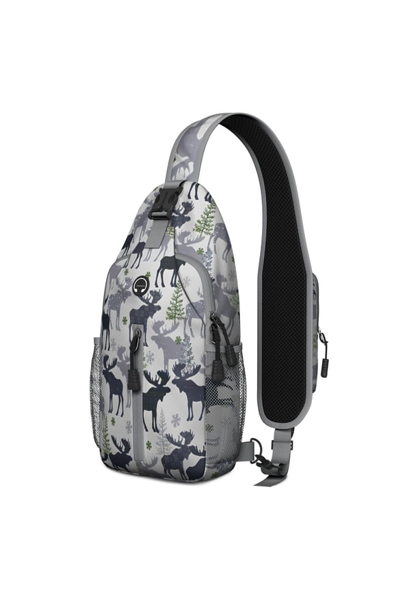 Sling Backpack,Gray Christmas Moose and Tree Pattern Crossbody Bag with Water Bottle Holder,Waterproof Sling Bag for Men/Women with Chest Phone Holder for Hiking,Travel