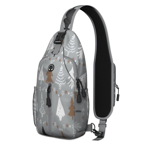Sling Backpack,Gray Christmas Tree Pattern Crossbody Bag with Water Bottle Holder,Waterproof Sling Bag for Men/Women with Chest Phone Holder for Hiking,Travel