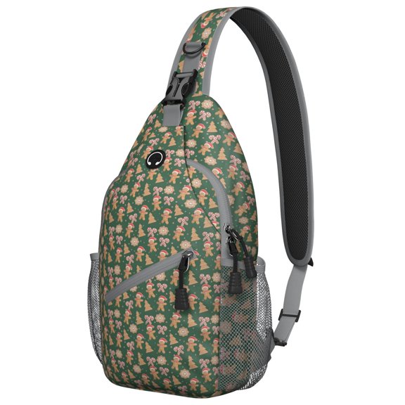 Sling Backpack,Green Christmas Gingerbread and Tree Pattern Sling Bag with Water Bottle Holder,Waterproof Sling Bag for Men/Women with Headphone Jack for Hiking,Travel