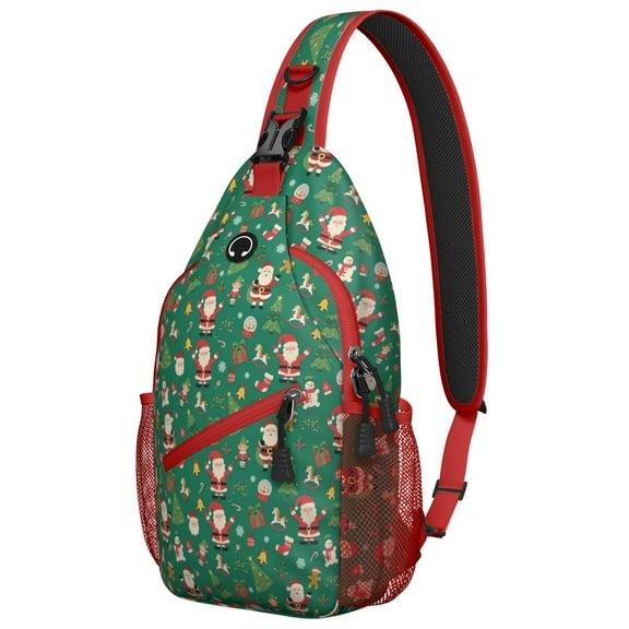 Sling Backpack,Green Christmas Santa and Icon Pattern Sling Bag with Water Bottle Holder,Waterproof Sling Bag for Men/Women with Headphone Jack for Hiking,Travel