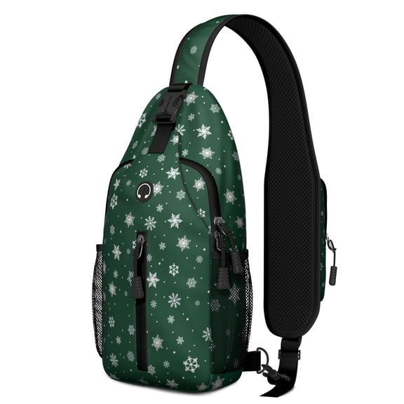 Sling Backpack,Green Christmas Snowflake Pattern Crossbody Bag with Water Bottle Holder,Waterproof Sling Bag for Men/Women with Chest Phone Holder for Hiking,Travel