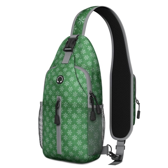 Sling Backpack,Green Christmas Snowflake Pattern Crossbody Bag with Water Bottle Holder,Waterproof Sling Bag for Men/Women with Chest Phone Holder for Hiking,Travel