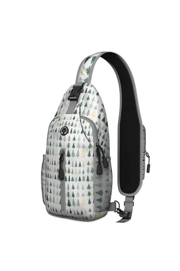 Sling Backpack,Green Christmas Tree Pattern Crossbody Bag with Water Bottle Holder,Waterproof Sling Bag for Men/Women with Chest Phone Holder for Hiking,Travel