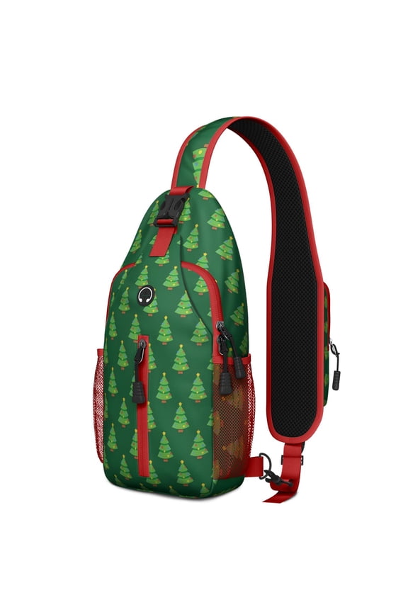 Sling Backpack,Green Christmas Tree Pattern Crossbody Bag with Water Bottle Holder,Waterproof Sling Bag for Men/Women with Chest Phone Holder for Hiking,Travel