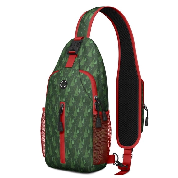 Sling Backpack,Green Christmas Tree Pattern Crossbody Bag with Water Bottle Holder,Waterproof Sling Bag for Men/Women with Chest Phone Holder for Hiking,Travel