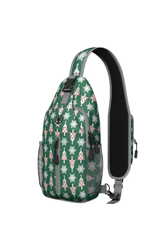 Sling Backpack,Green Christmas Tree and Snowflake Pattern Crossbody Bag with Water Bottle Holder,Waterproof Sling Bag for Men/Women with Chest Phone Holder for Hiking,Travel