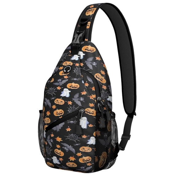 Sling Backpack,Halloween Autumn Pattern Sling Bag with Water Bottle Holder,Waterproof Sling Bag for Men/Women with Headphone Jack for Hiking,Travel