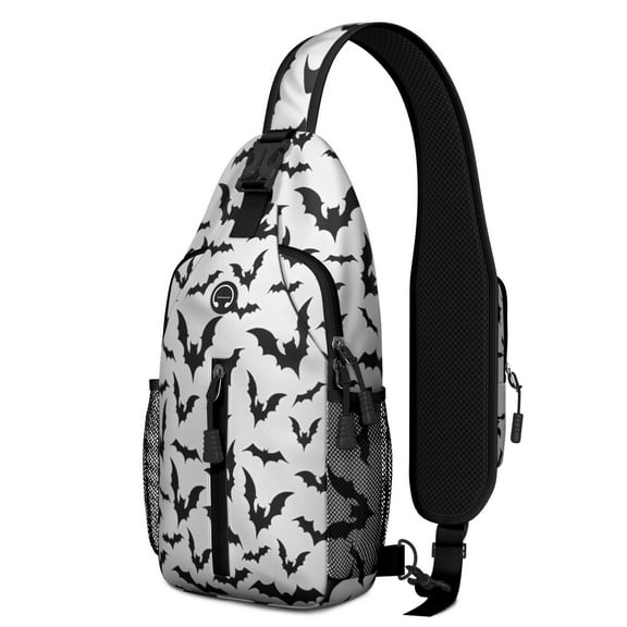 Sling Backpack,Halloween Bat Pattern Crossbody Bag with Water Bottle Holder,Waterproof Sling Bag for Men/Women with Chest Phone Holder for Hiking,Travel