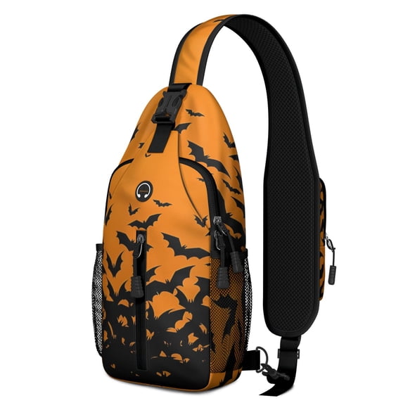 Sling Backpack,Halloween Bat Silhouette Pattern Crossbody Bag with Water Bottle Holder,Waterproof Sling Bag for Men/Women with Chest Phone Holder for Hiking,Travel