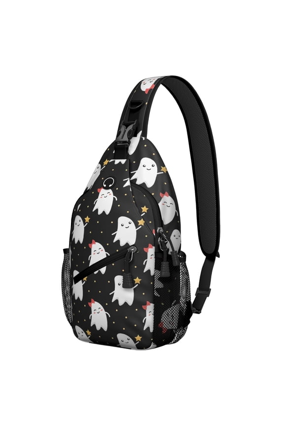 Sling Backpack,Halloween Cute Ghosts Pattern Sling Bag with Water Bottle Holder,Waterproof Sling Bag for Men/Women with Headphone Jack for Hiking,Travel