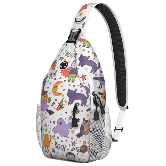 Sling Backpack,Halloween Cute Trick or Treat Characters Sling Bag with Water Bottle Holder,Waterproof Sling Bag for Men/Women with Headphone Jack for Hiking,Travel