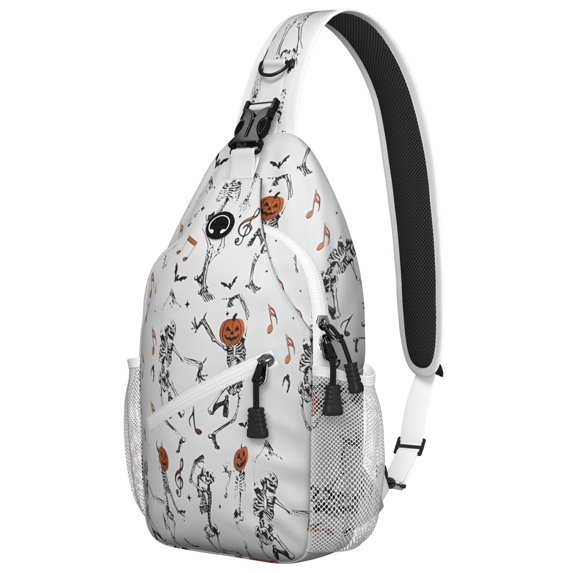 Sling Backpack,Halloween Dancing Skeletons and Pumpkins Sling Bag with Water Bottle Holder,Waterproof Sling Bag for Men/Women with Headphone Jack for Hiking,Travel
