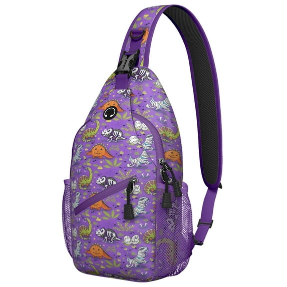 Sling Backpack,Halloween Dinosaur Themed Pattern Sling Bag with Water Bottle Holder,Waterproof Sling Bag for Men/Women with Headphone Jack for Hiking,Travel