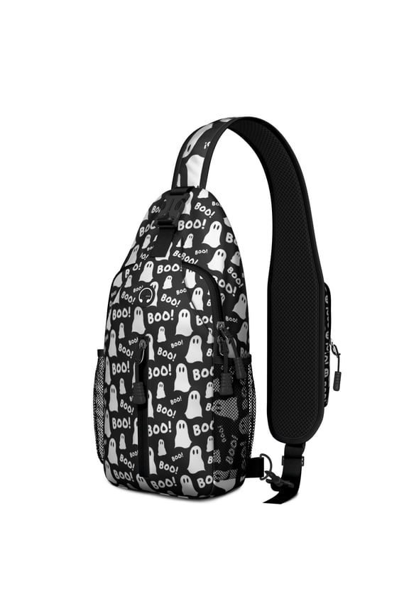 Sling Backpack,Halloween Ghost Boo Pattern Crossbody Bag with Water Bottle Holder,Waterproof Sling Bag for Men/Women with Chest Phone Holder for Hiking,Travel