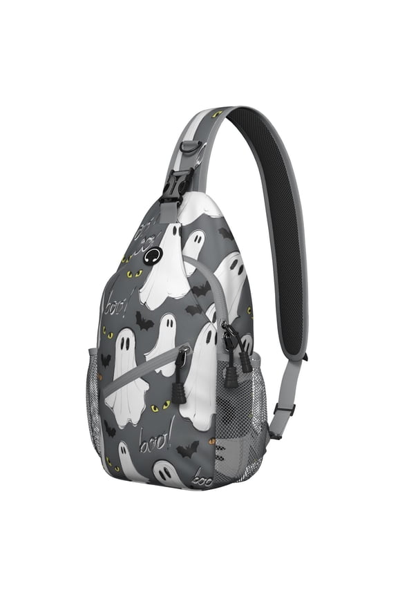 Sling Backpack,Halloween Ghost Eyes Pattern Sling Bag with Water Bottle Holder,Waterproof Sling Bag for Men/Women with Headphone Jack for Hiking,Travel