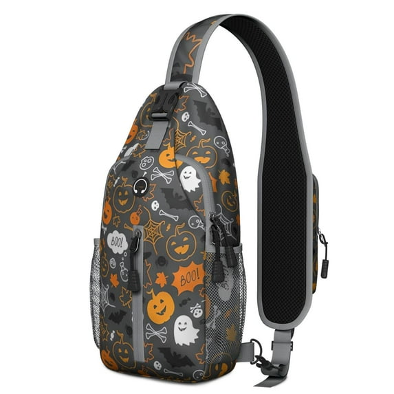 Sling Backpack,Halloween Ghost Pumpkin Pattern Crossbody Bag with Water Bottle Holder,Waterproof Sling Bag for Men/Women with Chest Phone Holder for Hiking,Travel