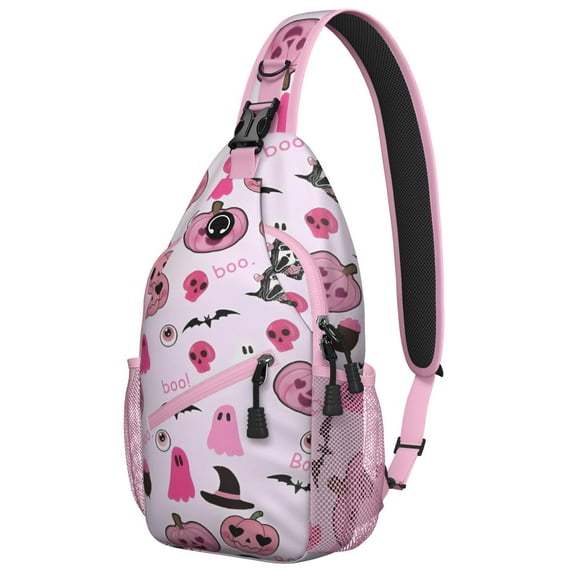 Sling Backpack,Halloween Ghosts Pumpkins and Skulls Sling Bag with Water Bottle Holder,Waterproof Sling Bag for Men/Women with Headphone Jack for Hiking,Travel