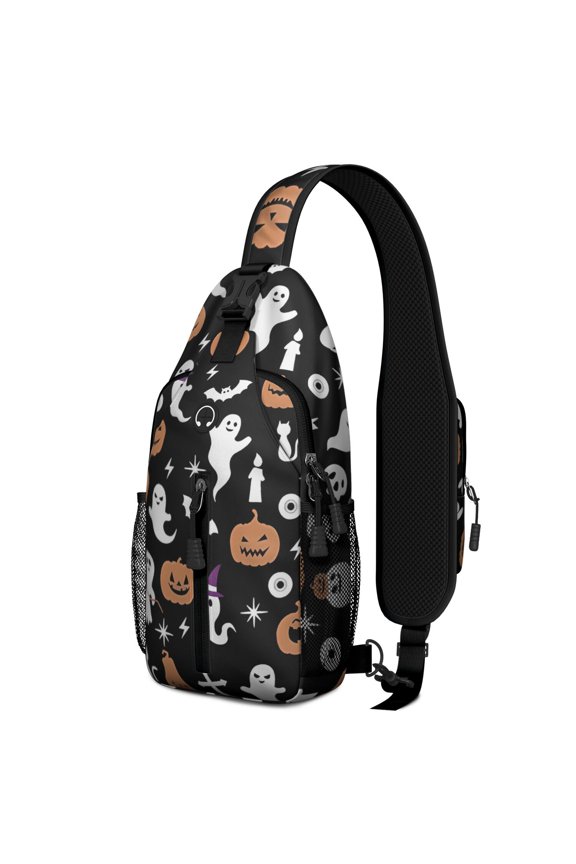 Sling Backpack,Halloween Ghosts Pumpkins and Spooky Icons Crossbody Bag with Water Bottle Holder,Waterproof Sling Bag for Men/Women with Chest Phone Holder for Hiking,Travel