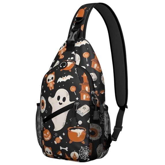 Sling Backpack,Halloween Ghosts and Spooky Elements Sling Bag with Water Bottle Holder,Waterproof Sling Bag for Men/Women with Headphone Jack for Hiking,Travel