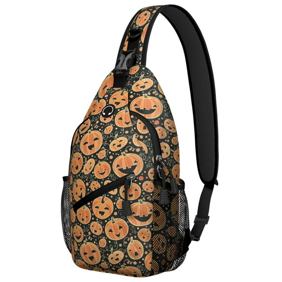Sling Backpack,Halloween Jack Lanterns Galore Pattern Sling Bag with Water Bottle Holder,Waterproof Sling Bag for Men/Women with Headphone Jack for Hiking,Travel
