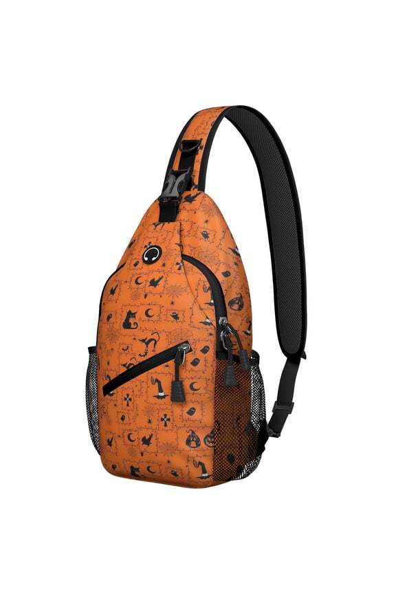 Sling Backpack,Halloween Orange Background Icons Sling Bag with Water Bottle Holder,Waterproof Sling Bag for Men/Women with Headphone Jack for Hiking,Travel