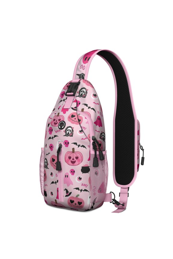 Sling Backpack,Halloween Pink Spooky Hearts and Ghosts Crossbody Bag with Water Bottle Holder,Waterproof Sling Bag for Men/Women with Chest Phone Holder for Hiking,Travel