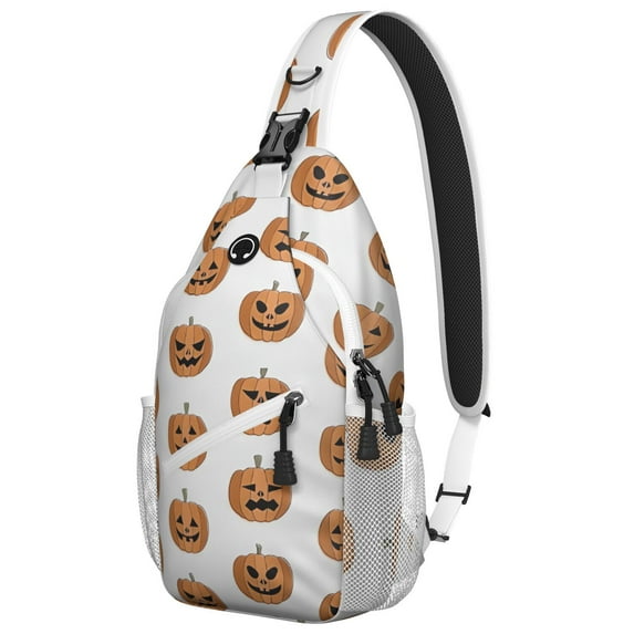 Sling Backpack,Halloween Pumpkin Grid Pattern Sling Bag with Water Bottle Holder,Waterproof Sling Bag for Men/Women with Headphone Jack for Hiking,Travel