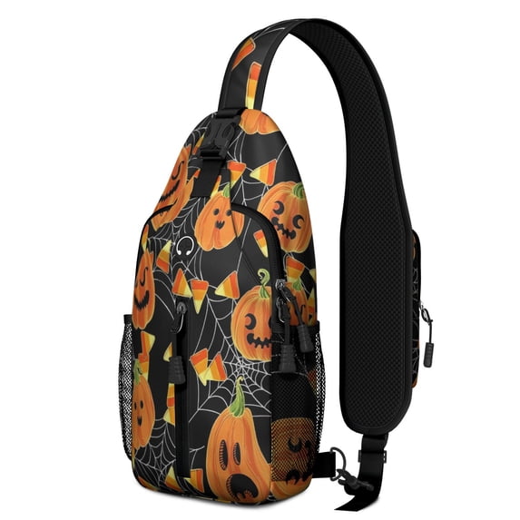 Sling Backpack,Halloween Pumpkins and Candy Corn Crossbody Bag with Water Bottle Holder,Waterproof Sling Bag for Men/Women with Chest Phone Holder for Hiking,Travel