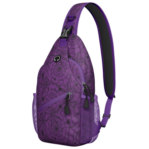 Sling Backpack,Halloween Purple Spider Web Pattern Sling Bag with Water Bottle Holder,Waterproof Sling Bag for Men/Women with Headphone Jack for Hiking,Travel