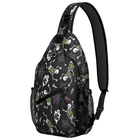 Sling Backpack,Halloween Skeleton Ghost Pattern Sling Bag with Water Bottle Holder,Waterproof Sling Bag for Men/Women with Headphone Jack for Hiking,Travel