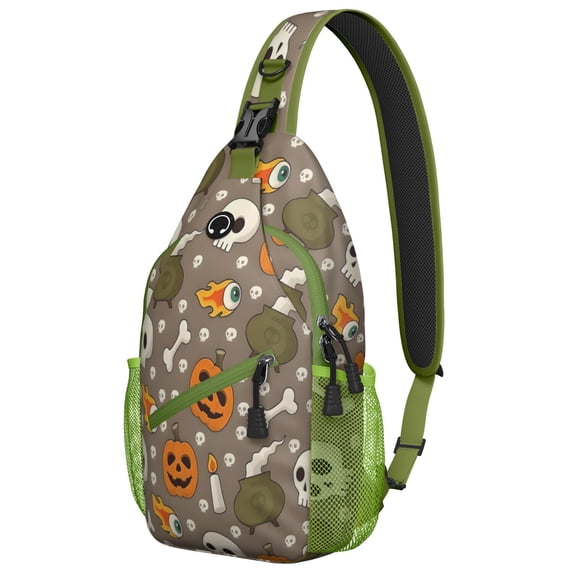 Sling Backpack,Halloween Skulls Pumpkins and Cauldrons Sling Bag with Water Bottle Holder,Waterproof Sling Bag for Men/Women with Headphone Jack for Hiking,Travel